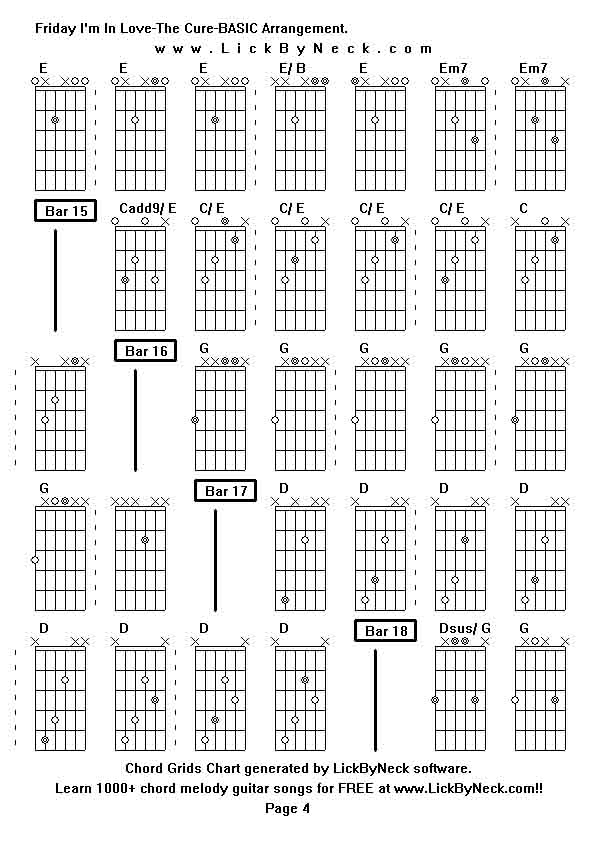 Chord Grids Chart of chord melody fingerstyle guitar song-Friday I'm In Love-The Cure-BASIC Arrangement,generated by LickByNeck software.